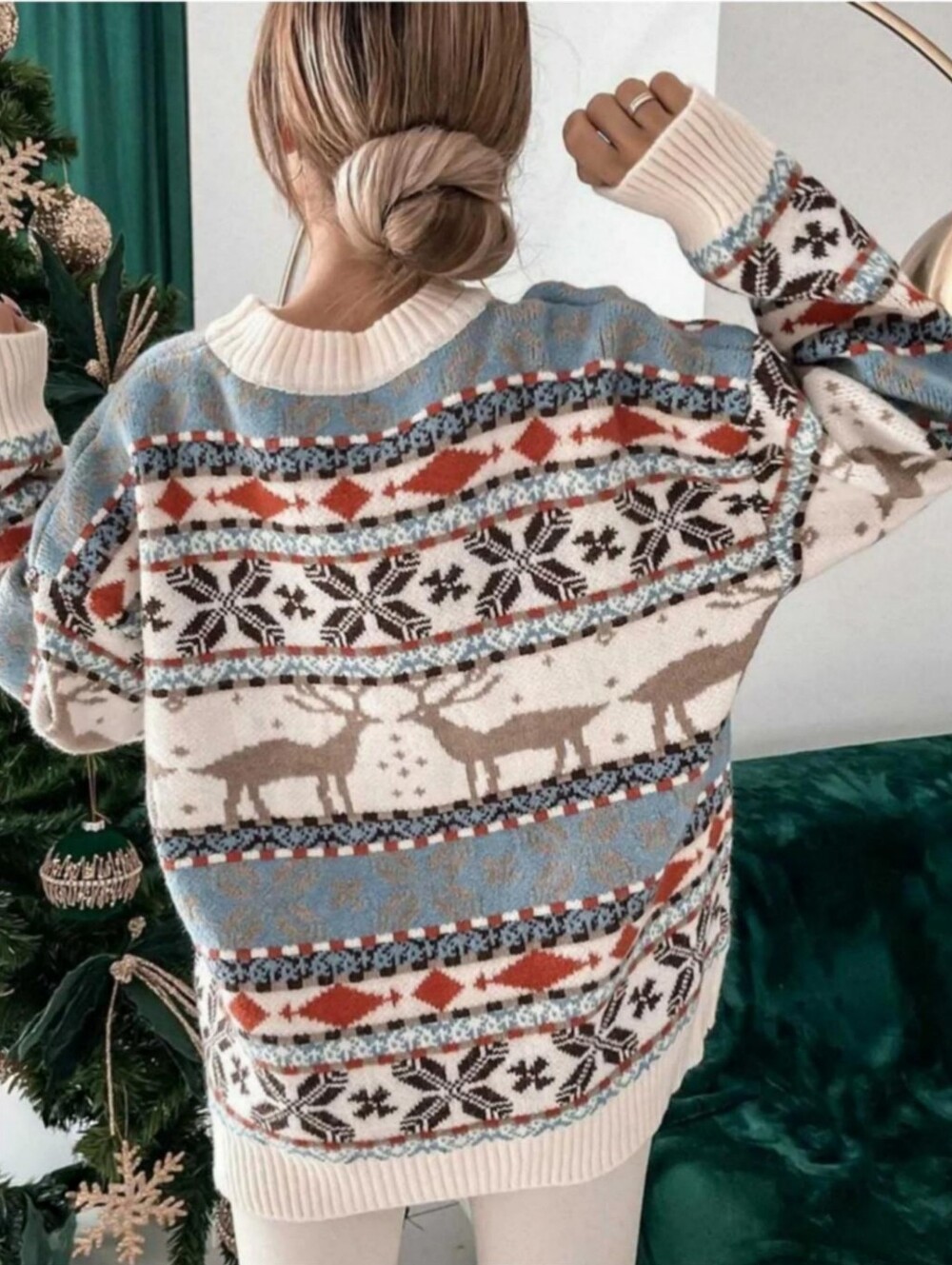 Charming Charlie Fair Isle Reindeer Christmas Sweater Geometric Drop Shoulder L